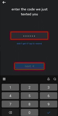 Enter the Verification Code and tap next 