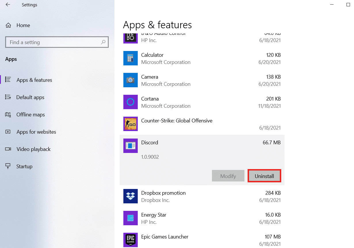 click on Uninstall button for Discord