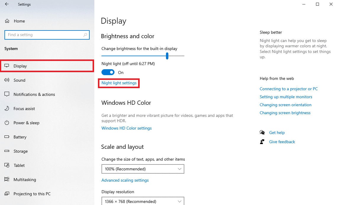click on Night light settings