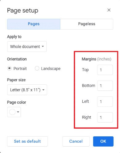 enter the desired margin values. What are the Default Margins in Google Docs?