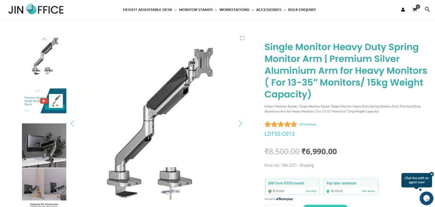 JINOFFICE Single Monitor Heavy Duty Spring Monitor Arm