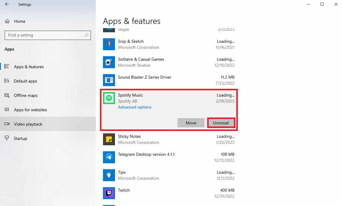 locate and select the Spotify Music app then click Uninstall