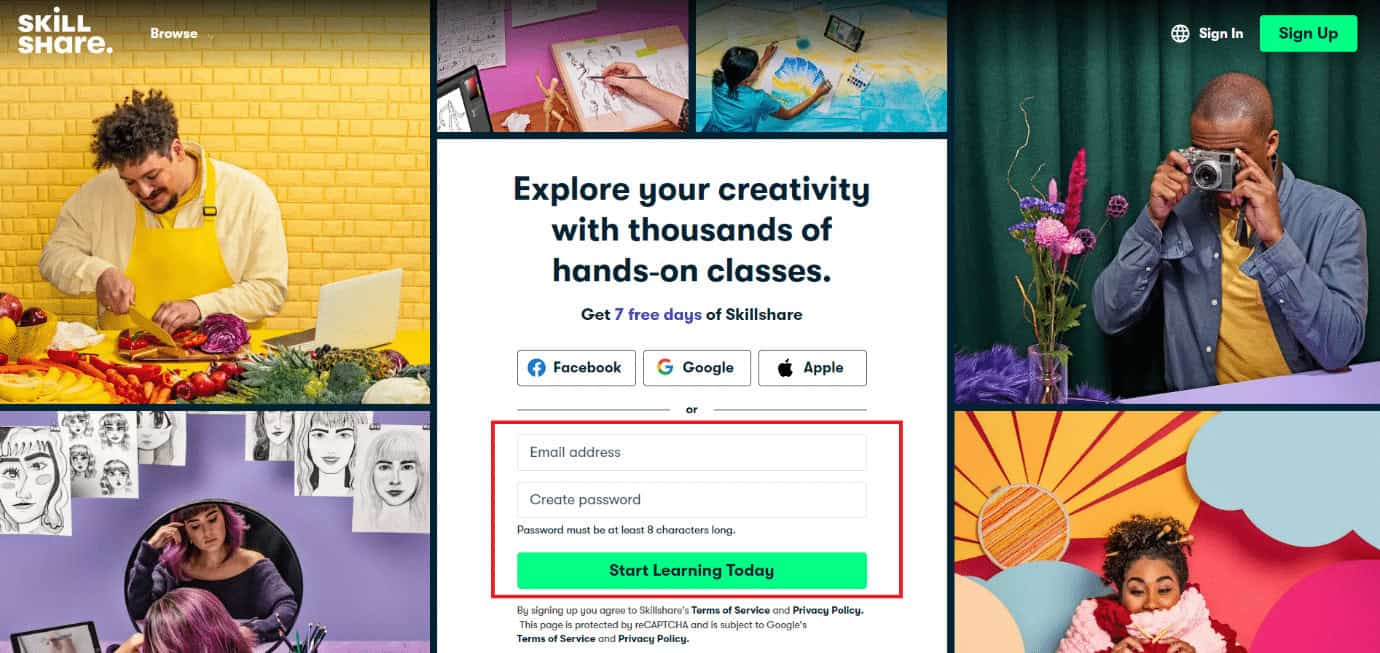 Log in using your email address and password and click on Start Learning Today | How do I Change My Skillshare Password