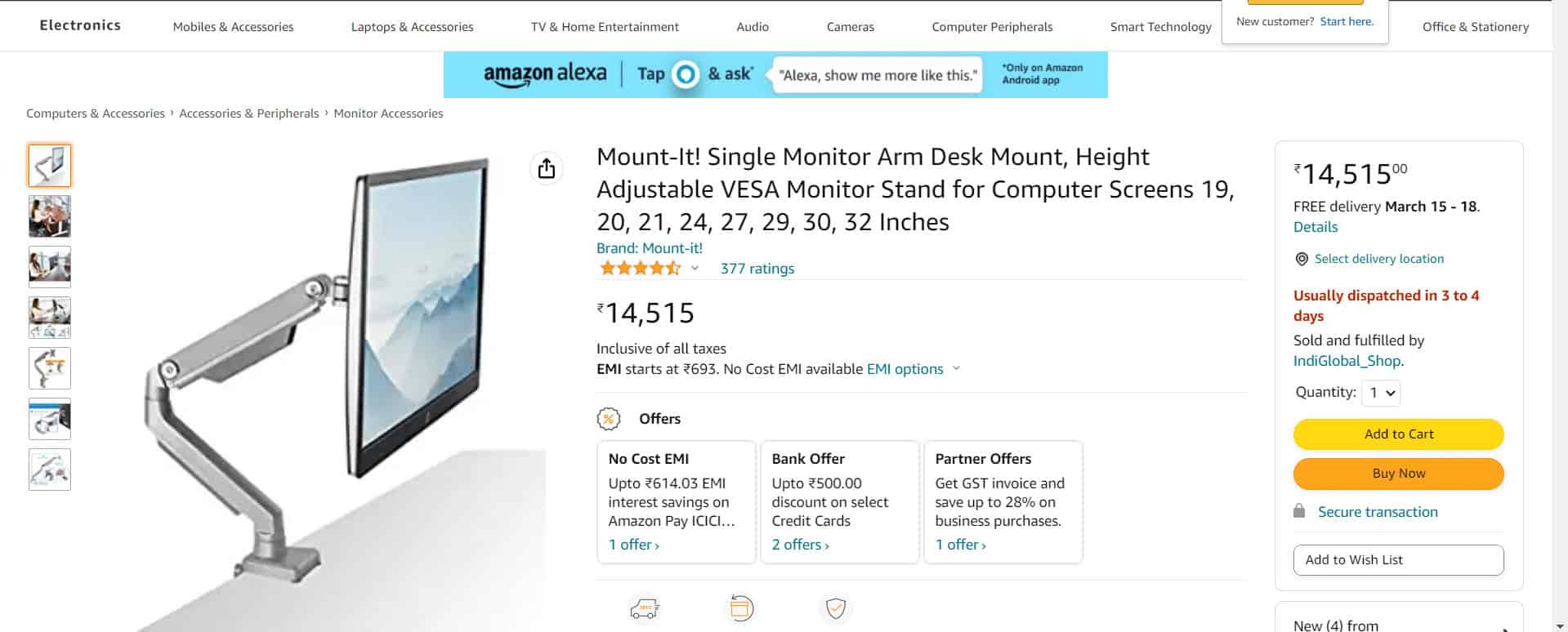 Mount-It! Premium Single Monitor Arm Desk Mount