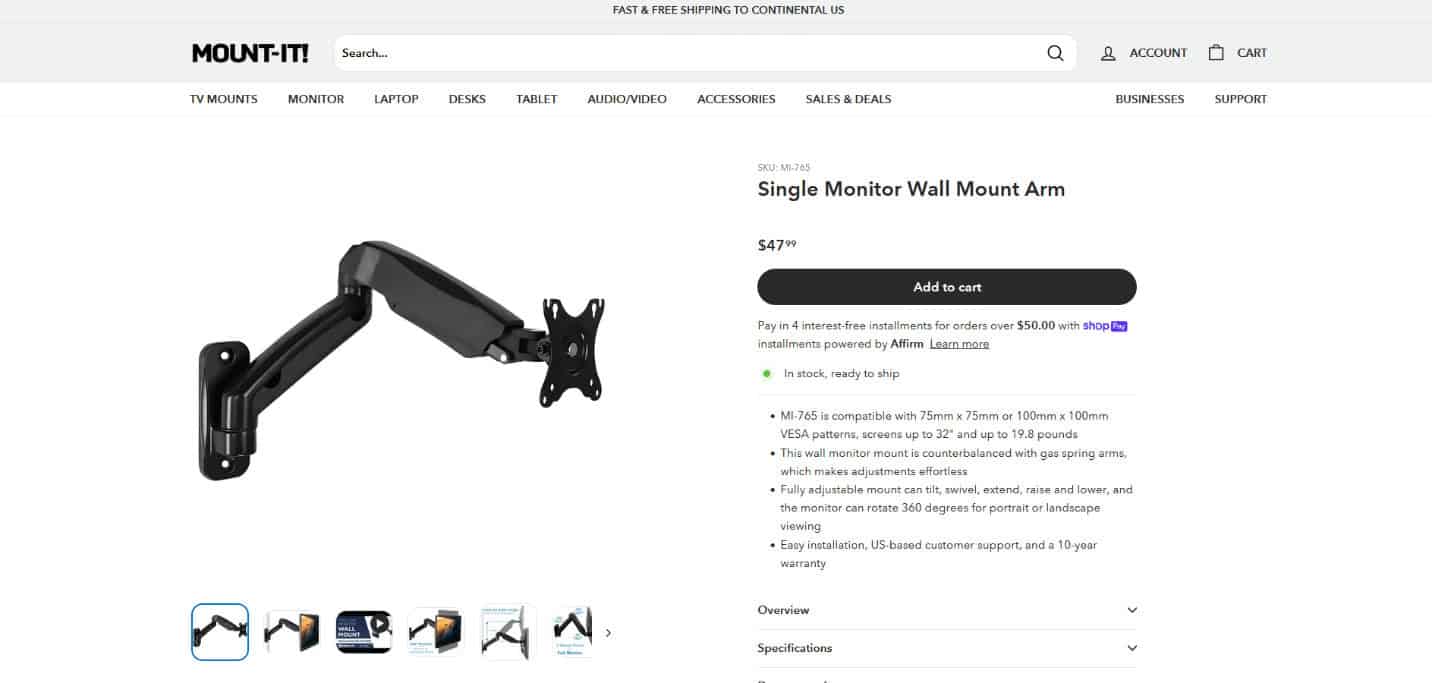 Mount-It Premium Single Monitor Wall Mount