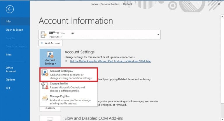 click on the Account Settings option. Fix Outlook Error 503 Valid RCPT Command must Precede Data