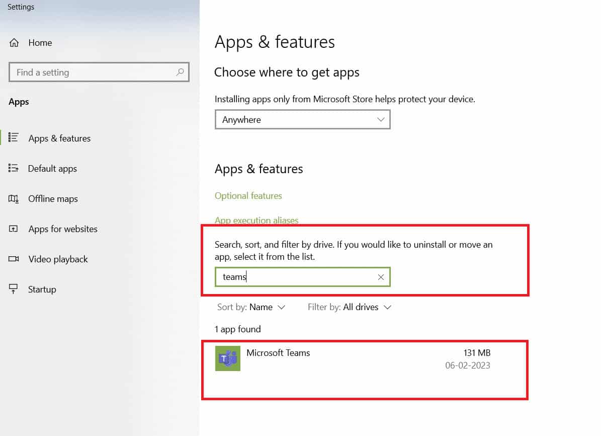 locate the Microsoft Teams application
