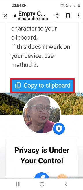 Open the official website of Empty Character and tap on the Copy to clipboard button