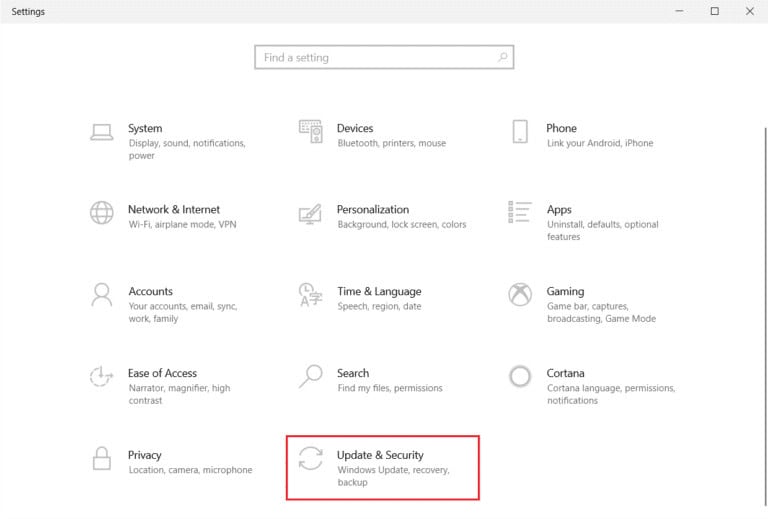Open the Update & Security