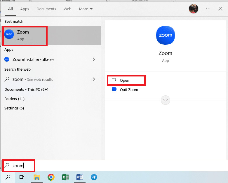 Open the Zoom app from the search bar