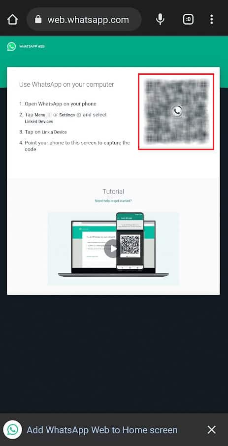 point the Scan QR code camera scanner on the QR code loaded on the other phone browser | Can I Create WhatsApp Account without Phone Number?