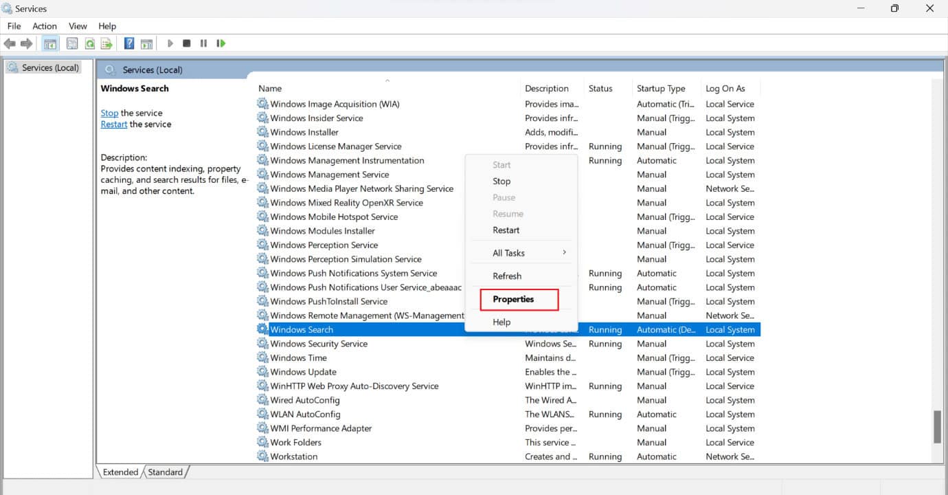 properties windows search