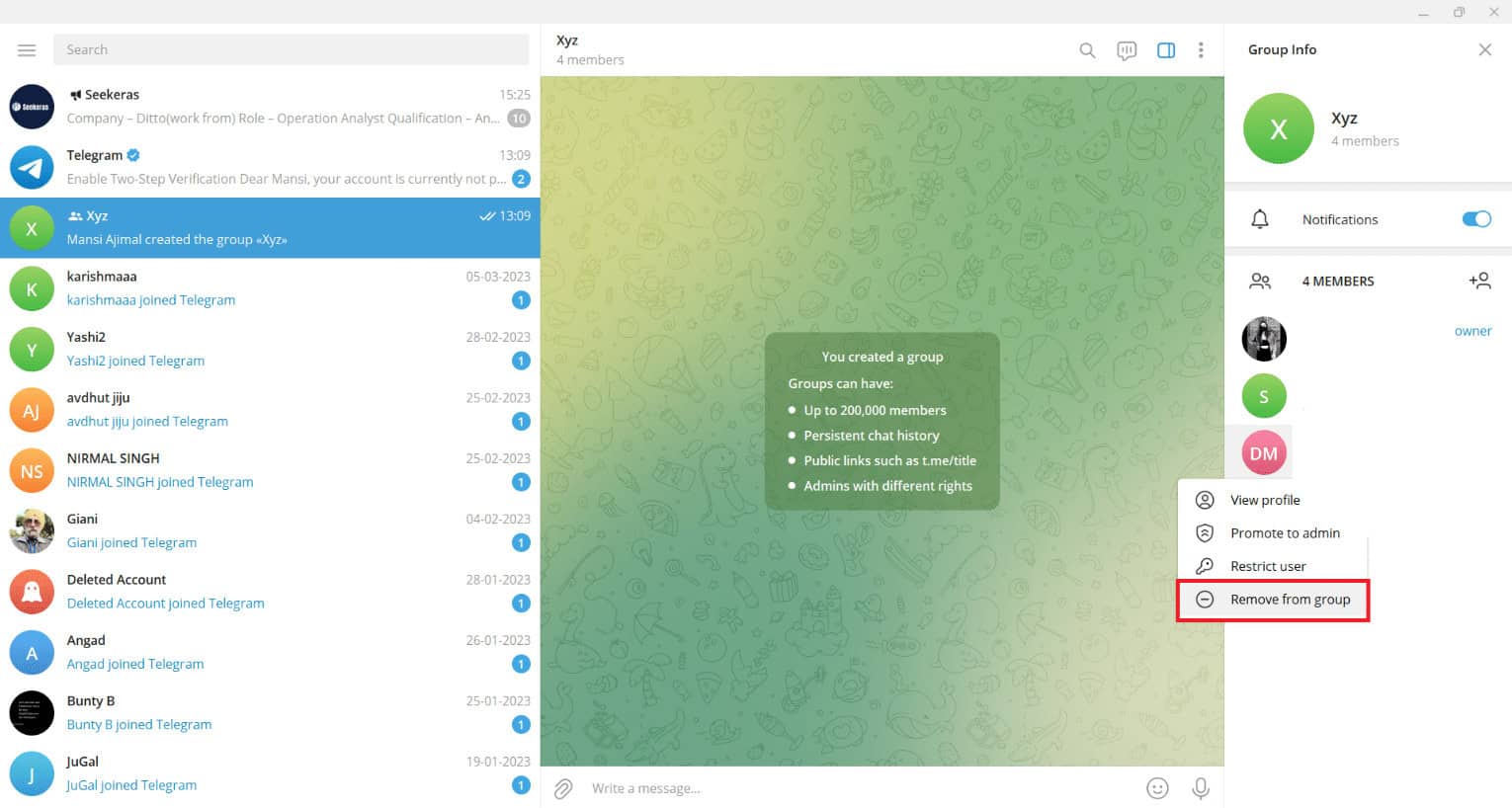 Right click on the member and choose Remove from group