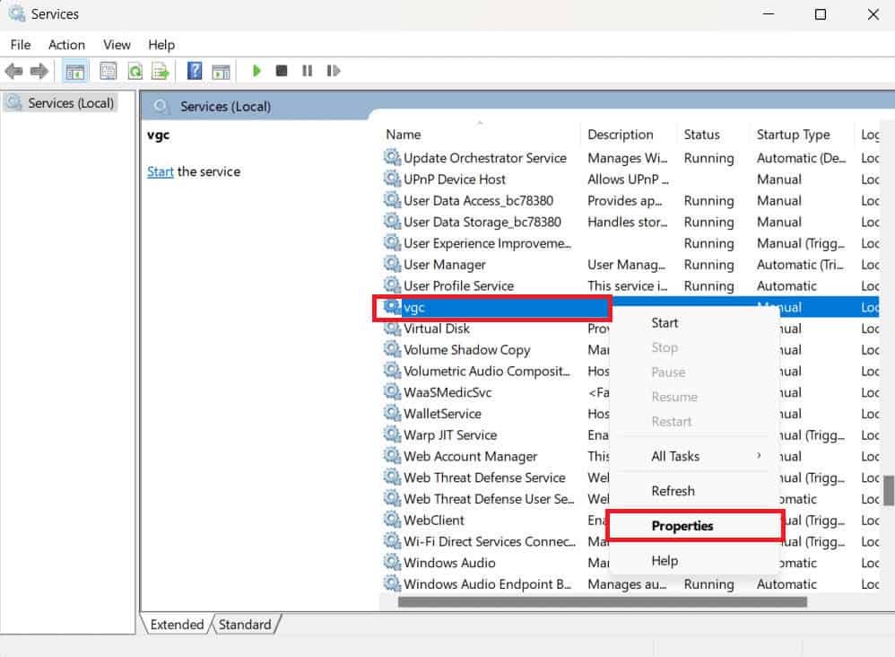 Search for vgc and right-click on it then select Properties | Van 81 Valorant