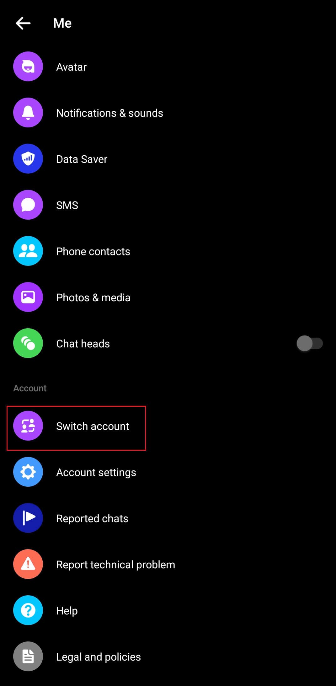 Scroll down to navigate and tap on Switch account