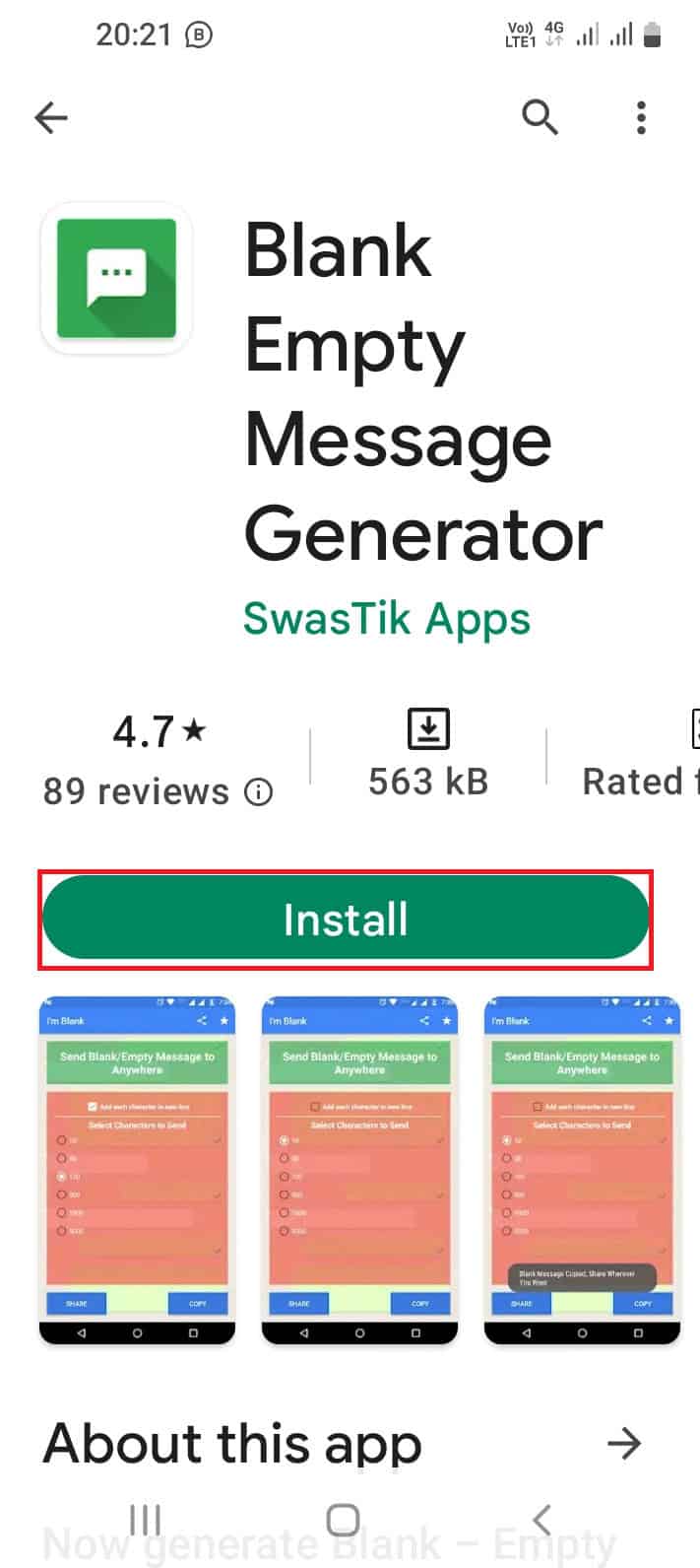 Search for the Blank Empty Message Generator app and tap the Install button