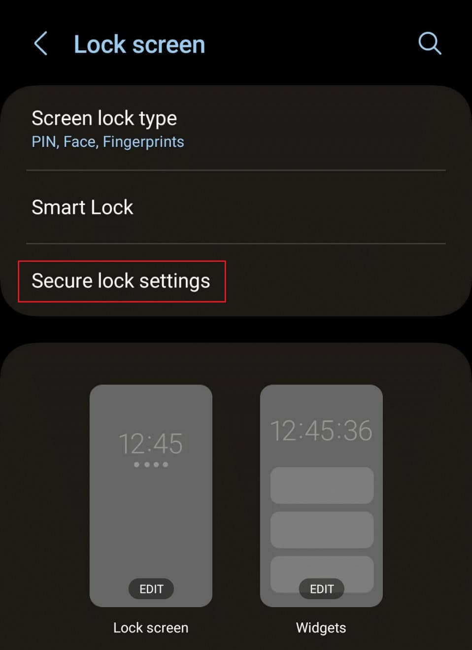 tap on Secure lock settings