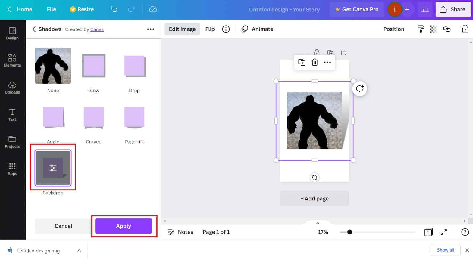 Select Shadow effect and click on Apply | How to Create a Shadow Effect in Canva