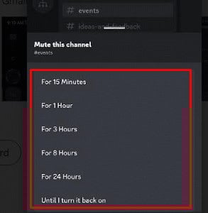 Select the duration for which you want to mute the channel | How to Hide Words in Discord