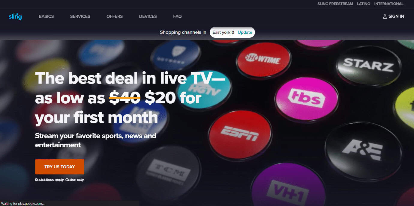 Sling TV web page