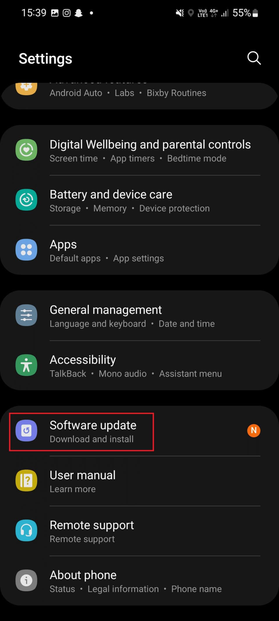 software update under settings
