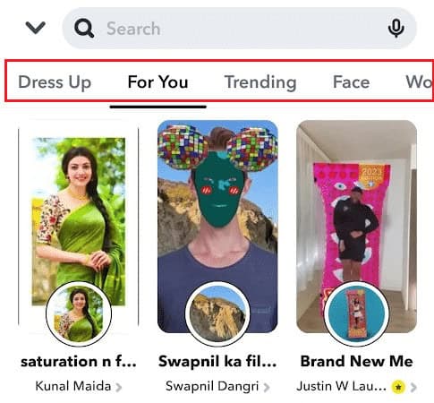 switch between the tabs and swipe down to see all the latest and trending filters or lenses