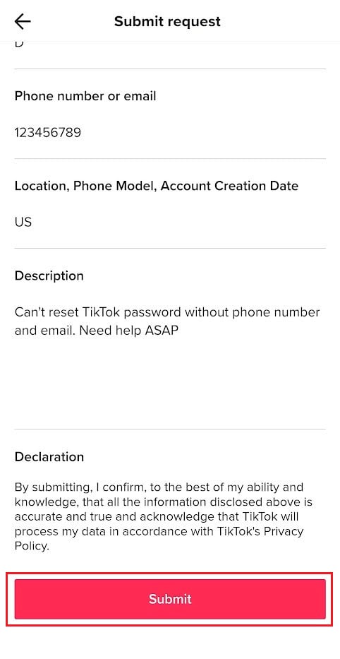 tap on Submit to hand in the report | How to Change TikTok Password without Phone Number