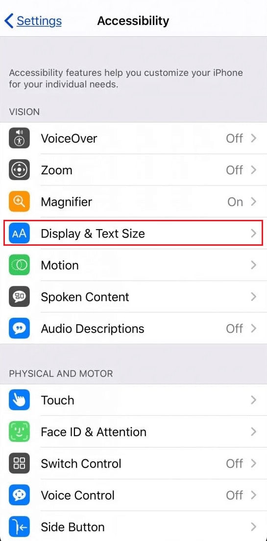 tap on the Display & Text Size&nbsp;option