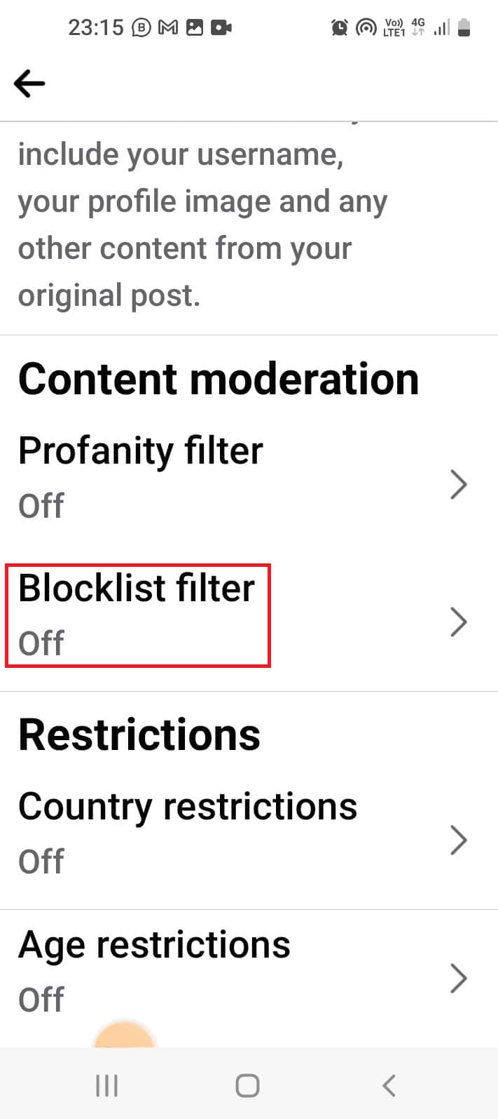 Tap on the Blocklist filter option in the Content moderation section | how to turn off comments on Facebook post