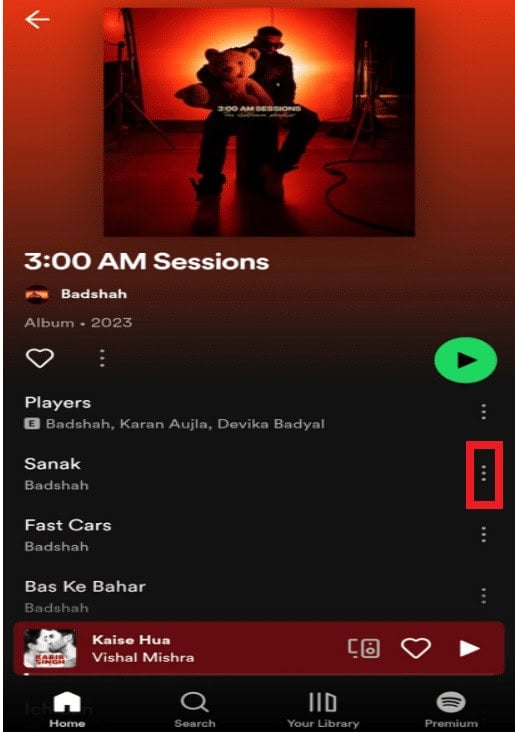 Tap on the dots beside the song.