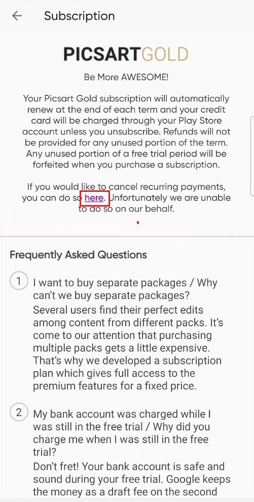 tap on the here link from the following Subscription screen