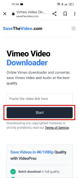 Then Paste the copied link in the Download Field given and then Tap on the Start button. 