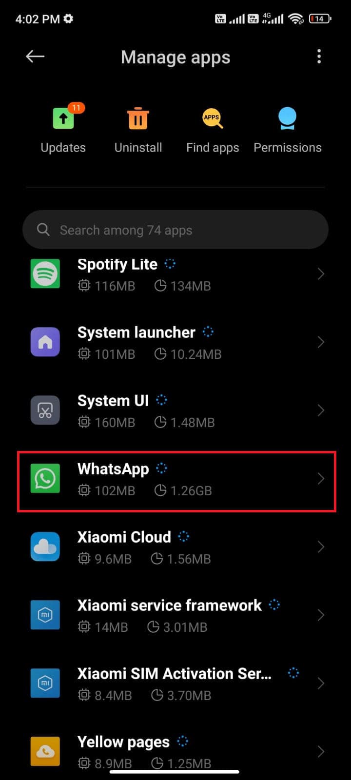 Then, tap on Manage apps and then WhatsApp | 