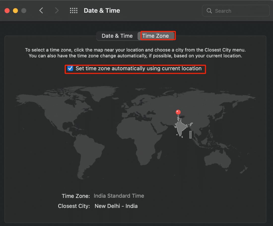 tick the box saying set time zone automatically using current location | How to Fix macOS Monterey Wi-Fi Network Issues