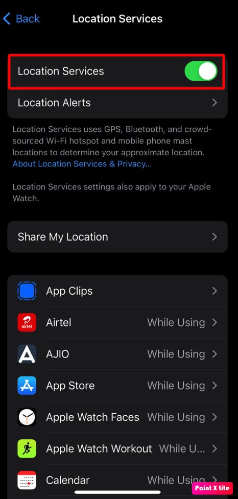 toggle on location services