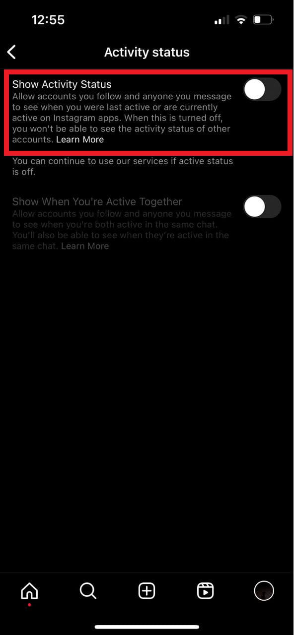 Toggle on the show activity status