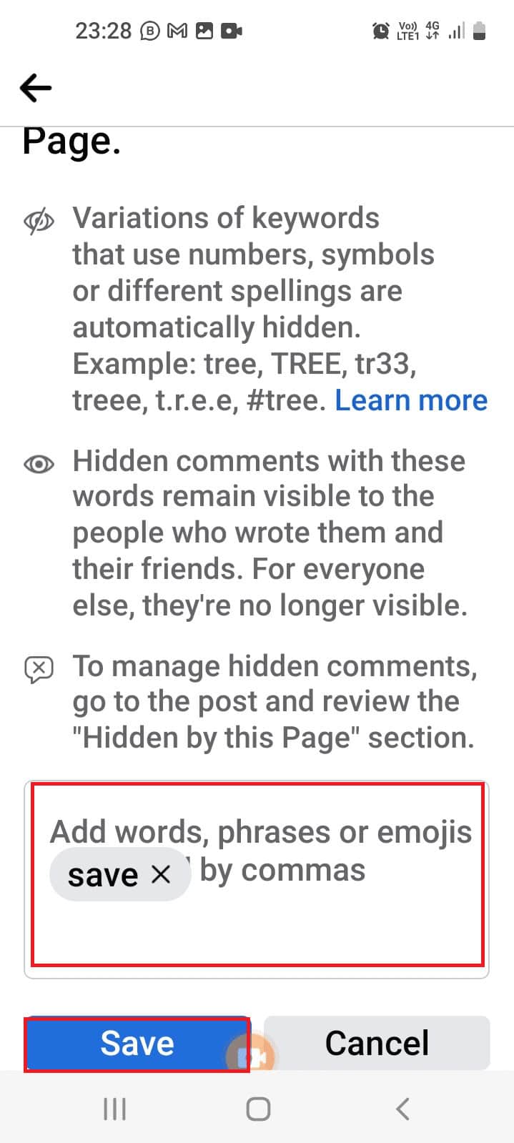 type the keywords such as save and tap on the Save button