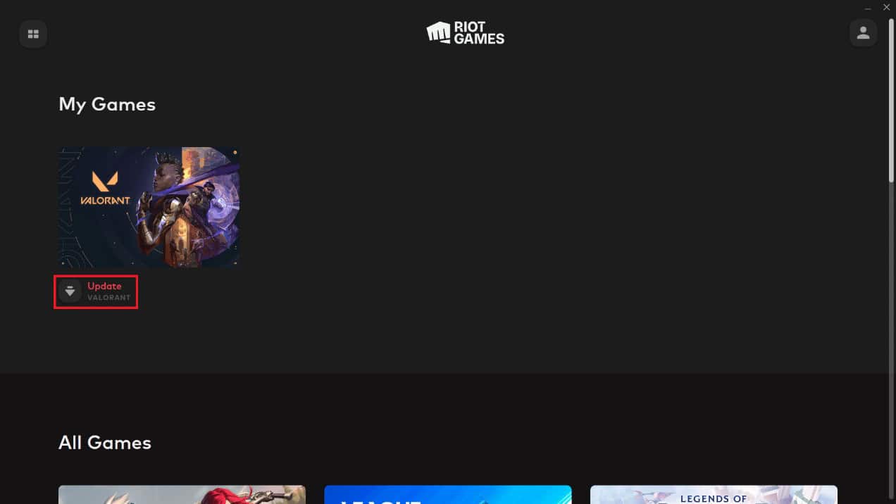 Under My Games look for Valorant and under it click on the Update button