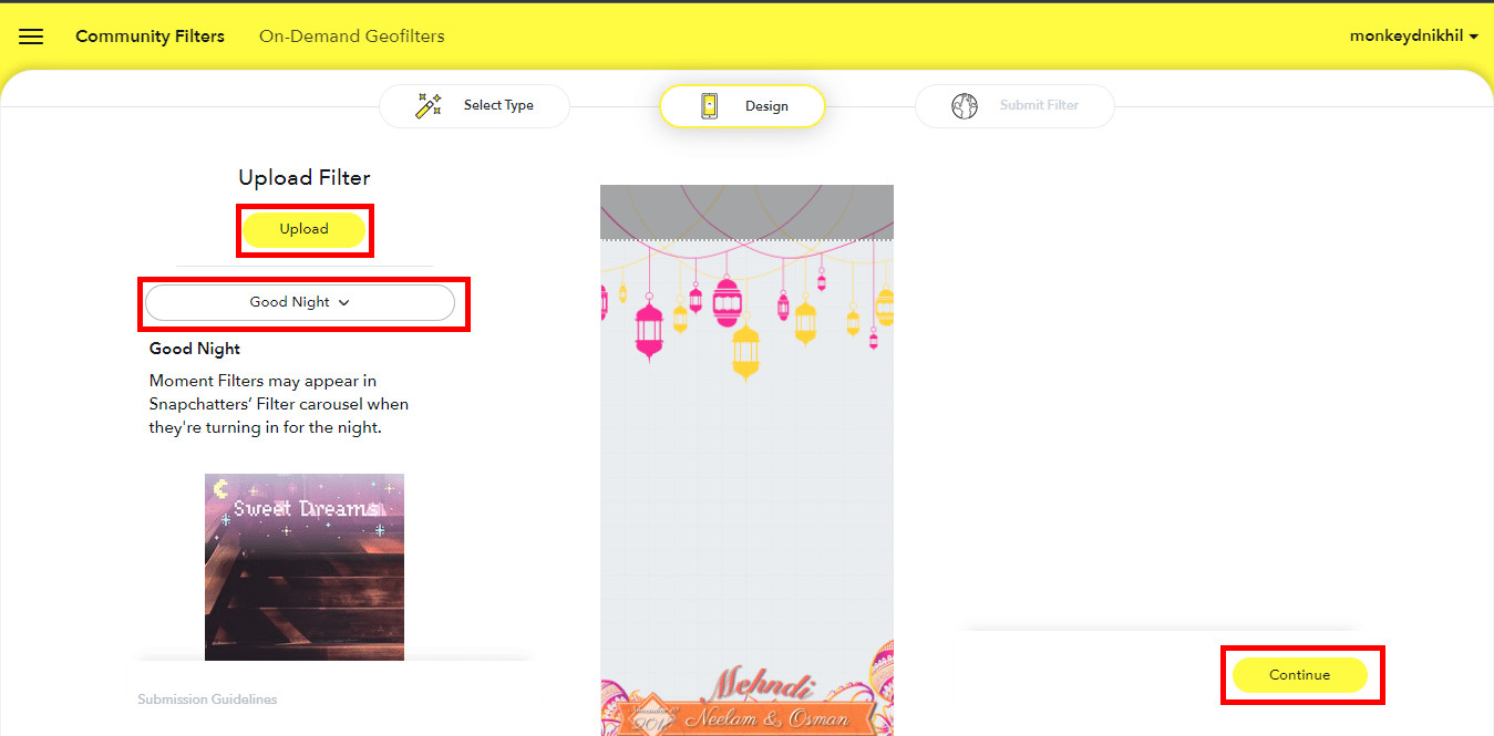 Upload your Filter and Select a moment from the dropdown and click on continue. Snapchat lens creator profile