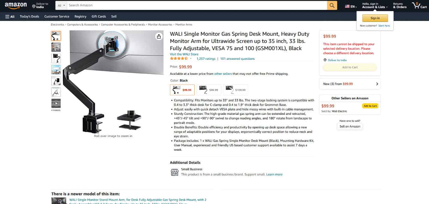 WALI Heavy Duty Single Gas Spring Monitor Mount GSM001XL