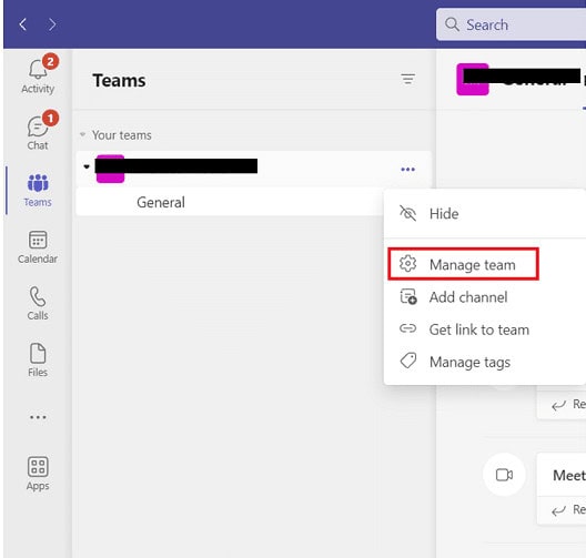 click on Manage team. How to Create Channel in Teams