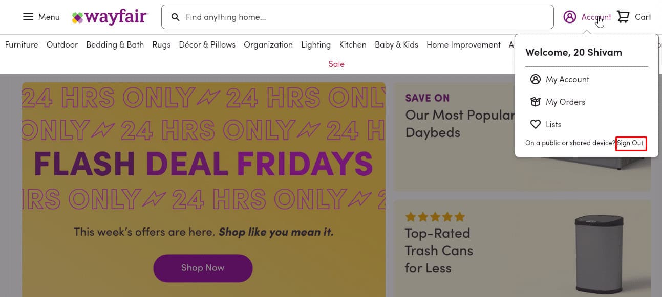 Sign Out | How to Delete Wayfair Account