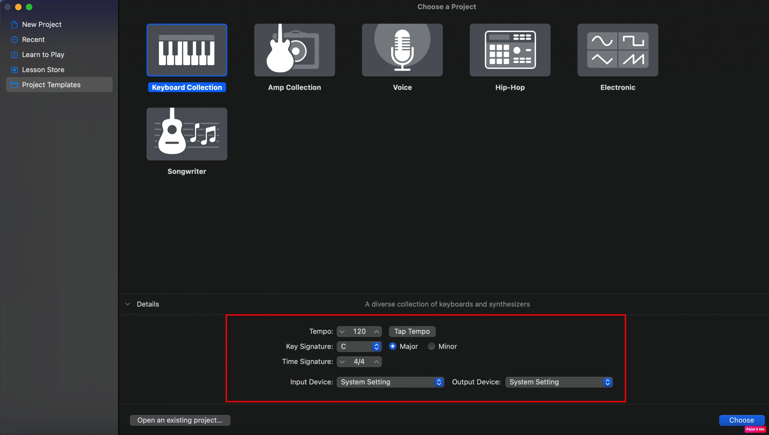 choose tempo, key signature etc