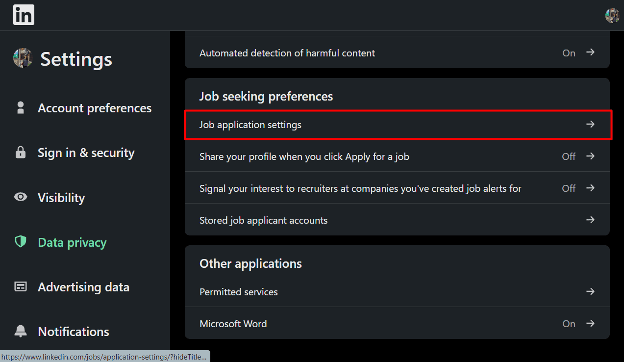 click on Job application settings | How to Remove Resume from LinkedIn