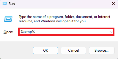 Digitare %temp% nella finestra di dialogo Esegui | Come eseguire la pulizia del disco in Windows 11 con i comandi