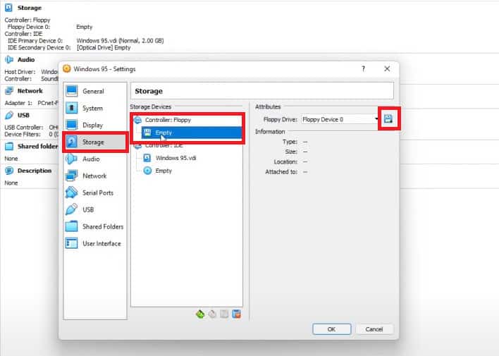 Now, go the Settings once again, select Storage, and then click on Empty under Controller Floppy. Under Attributes, click on the Save icon next to&nbsp;Floppy Drive
