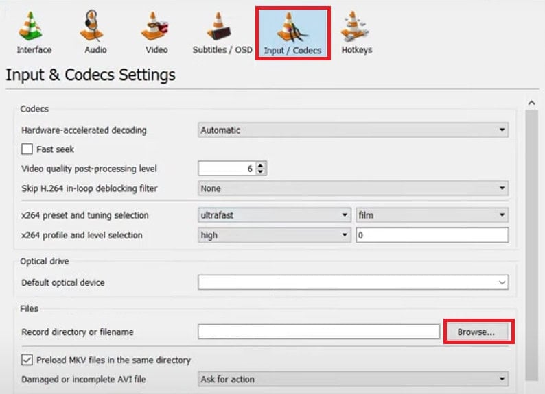 Click on Input Codecs. Under Files, select Browse… under Record directory or filename