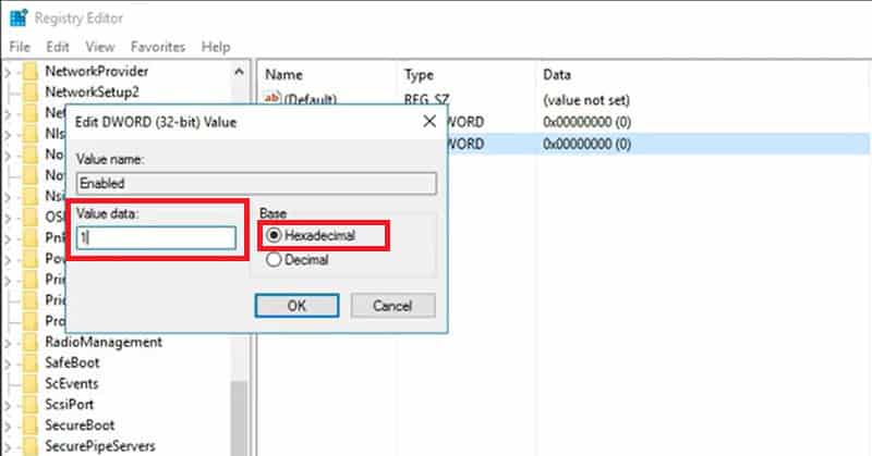 Under Value data enter 1and Select Hexadecimal under Base