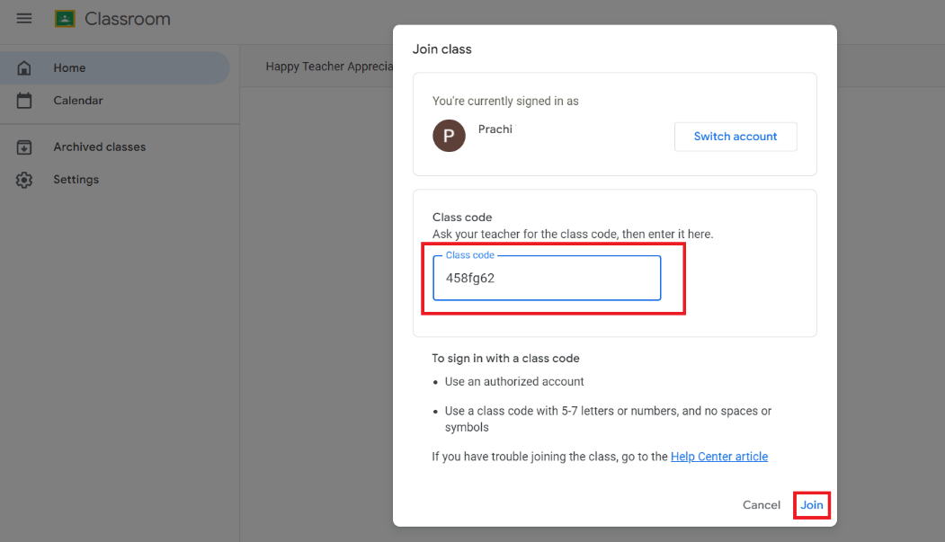 Enter a code under Class code and click on Join