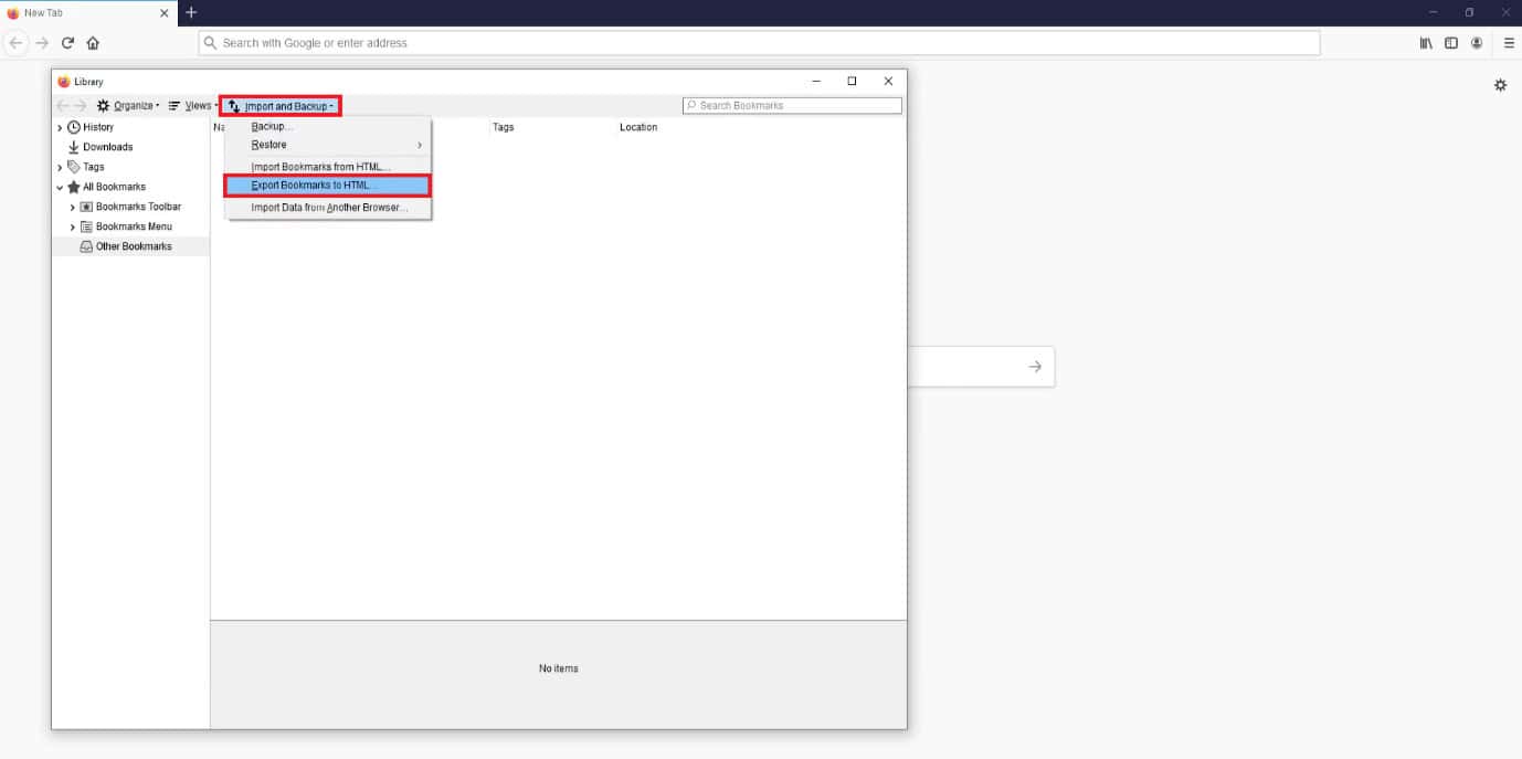 Click on Export Bookmarks to HTML | Where Are Firefox Bookmarks Stored in Windows 10?